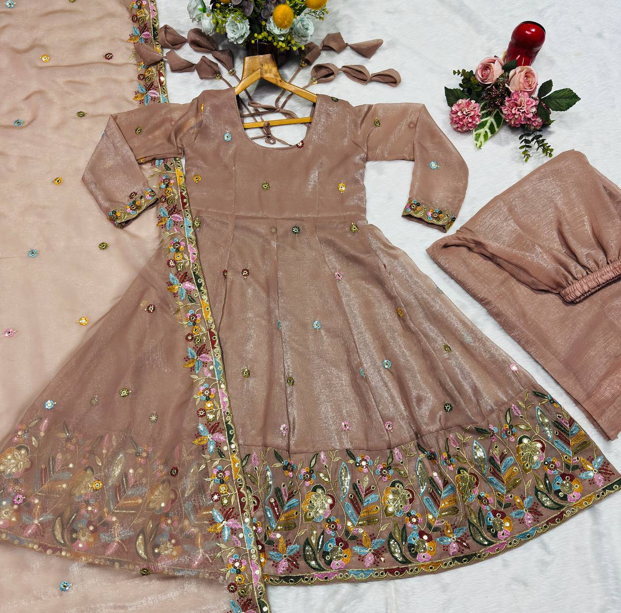 Beige Embroidered Gown Sharara Set ClothsVilla