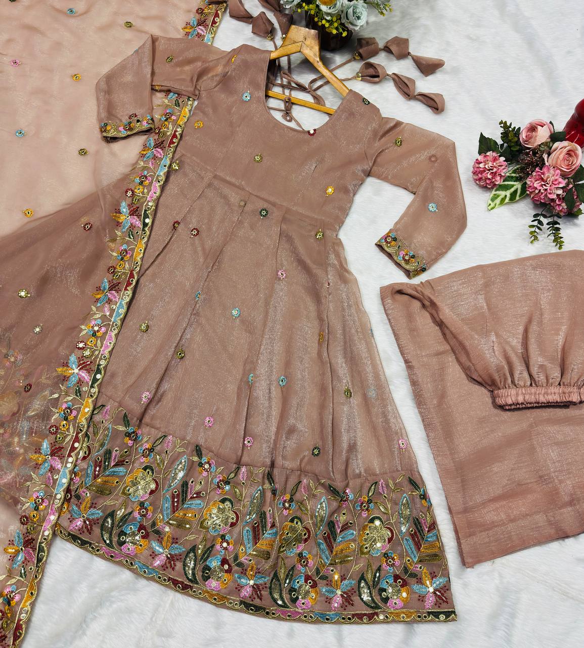 Beige Embroidered Gown Sharara Set ClothsVilla