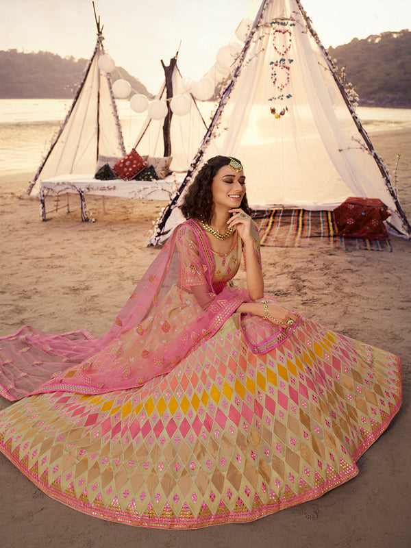 Beige Embroidered Organza Lehenga Clothsvilla