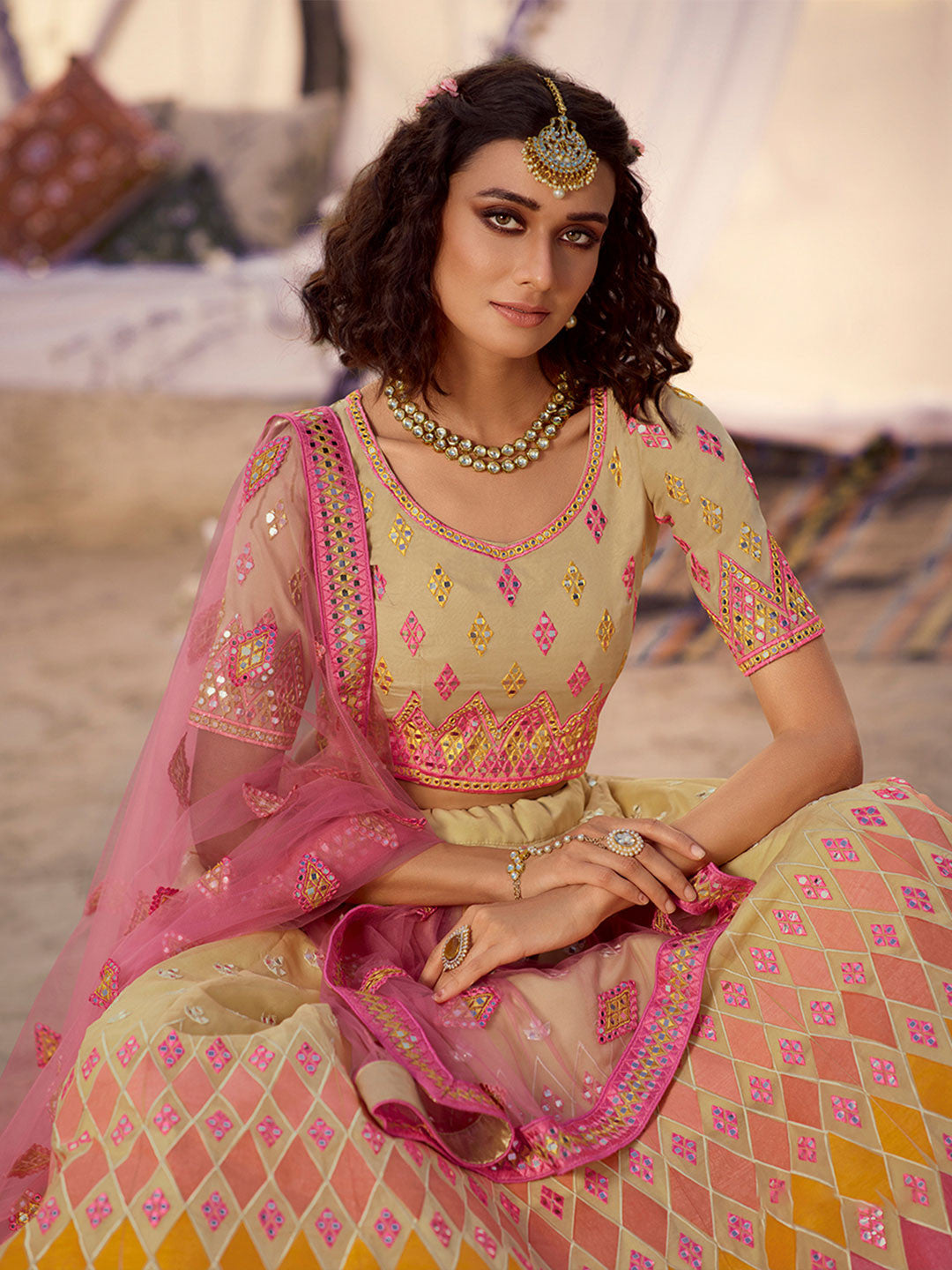 Beige Embroidered Organza Lehenga Clothsvilla