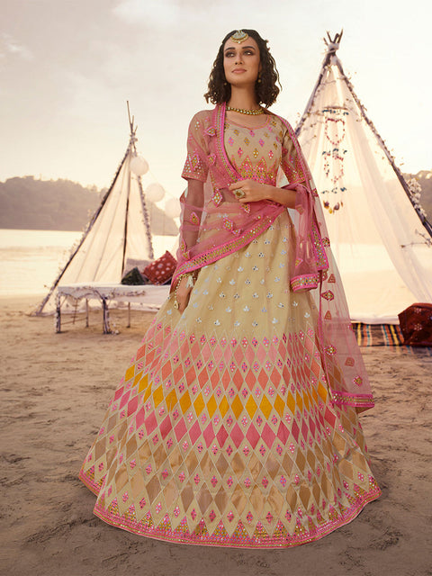 Beige Embroidered Organza Lehenga Clothsvilla Main image