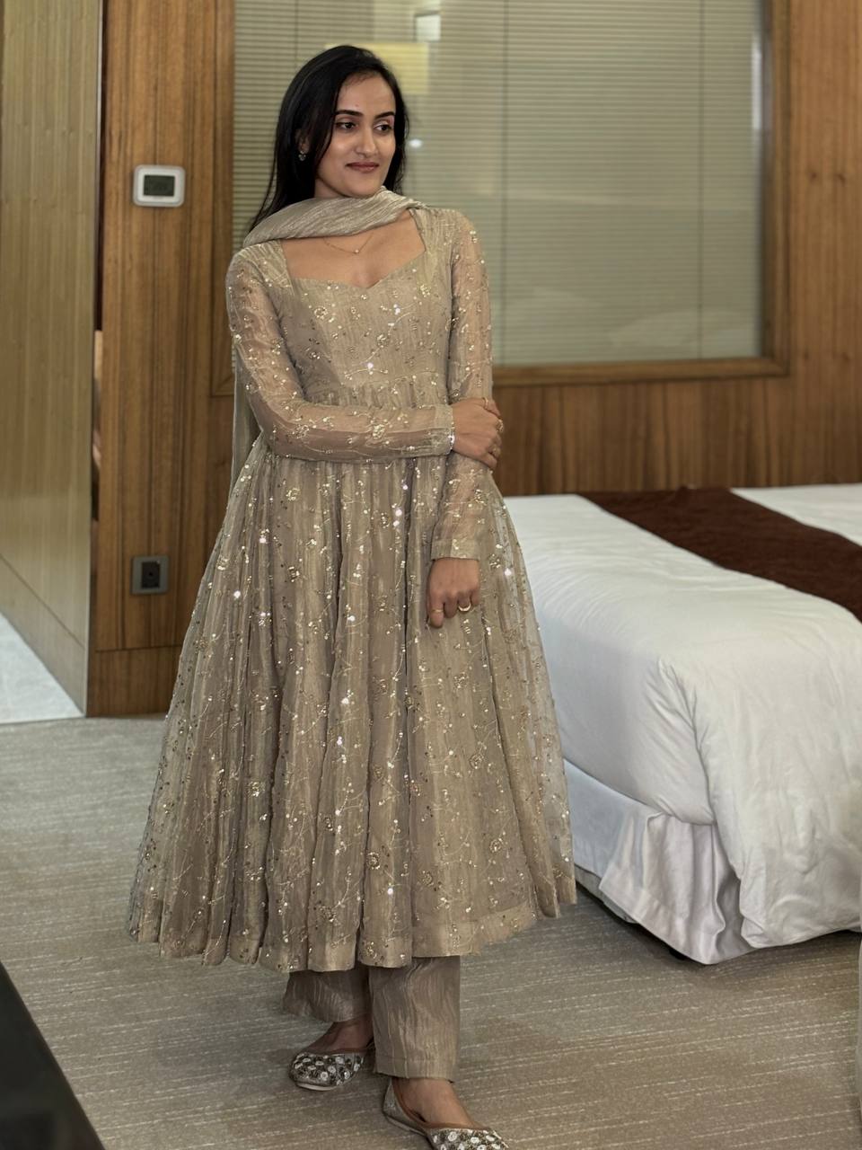 Beige Fendi Crush Anarkali Gown ClothsVilla