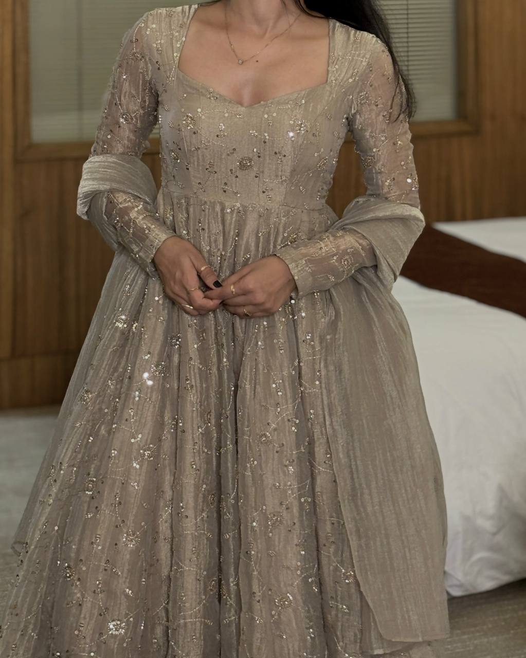 Beige Fendi Crush Anarkali Gown ClothsVilla