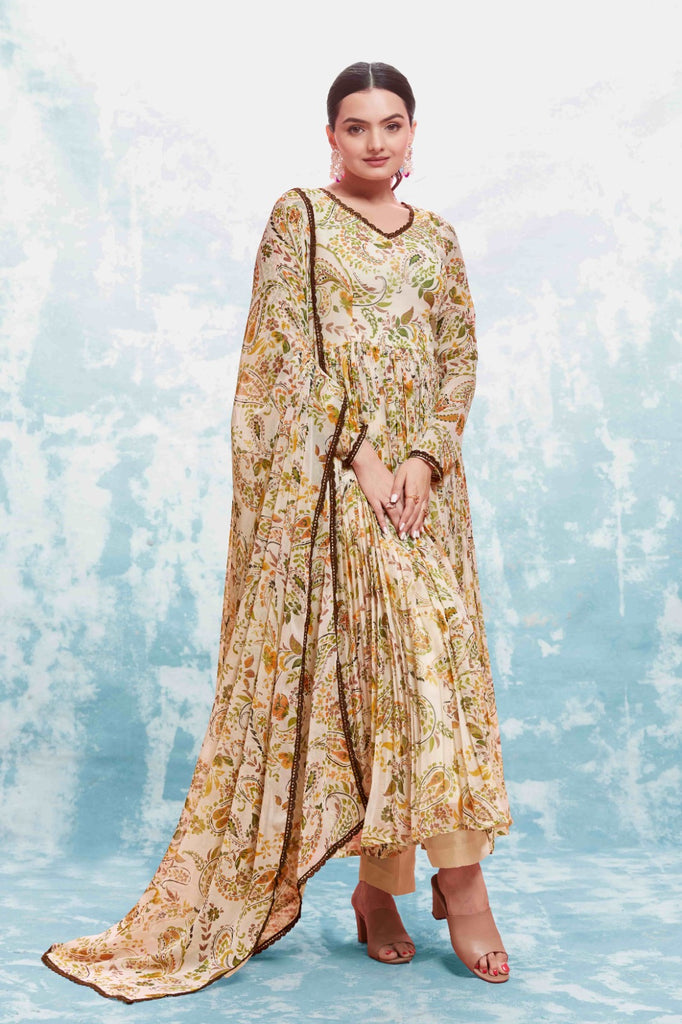 Beige Georgette Printed Suit Set | Fully Stitched & Ready to Wear ClothsVilla