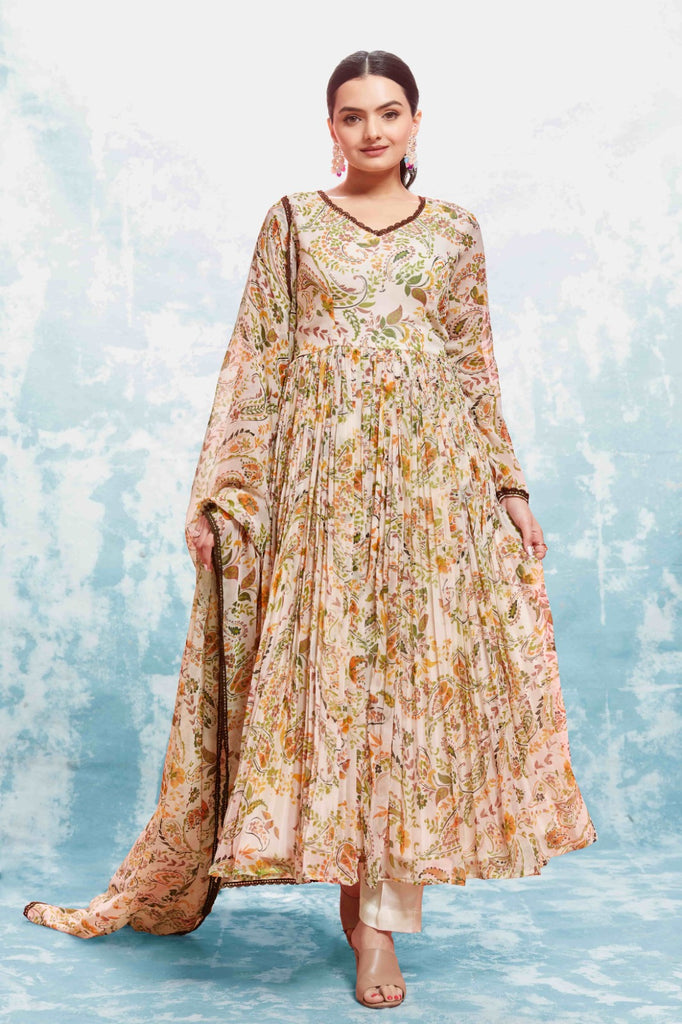 Beige Georgette Printed Suit Set | Fully Stitched & Ready to Wear ClothsVilla