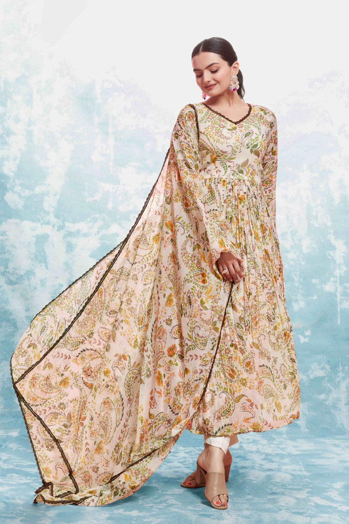 Beige Georgette Printed Suit Set | Fully Stitched & Ready to Wear ClothsVilla