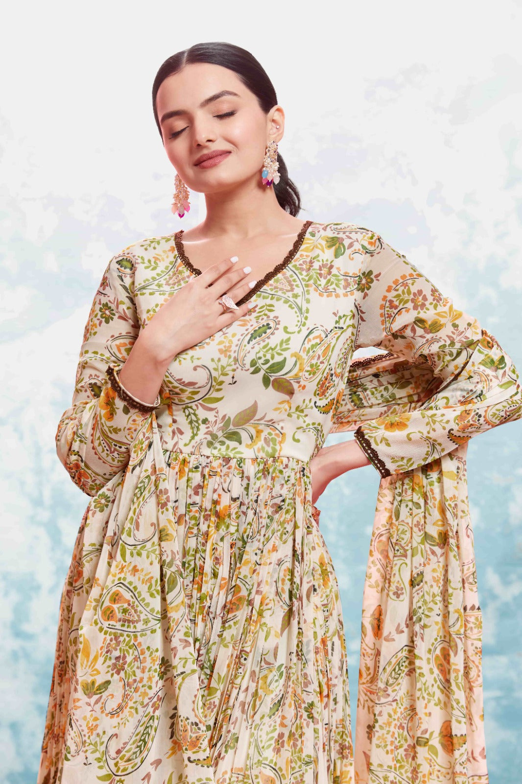 Beige Georgette Printed Suit Set | Fully Stitched & Ready to Wear ClothsVilla