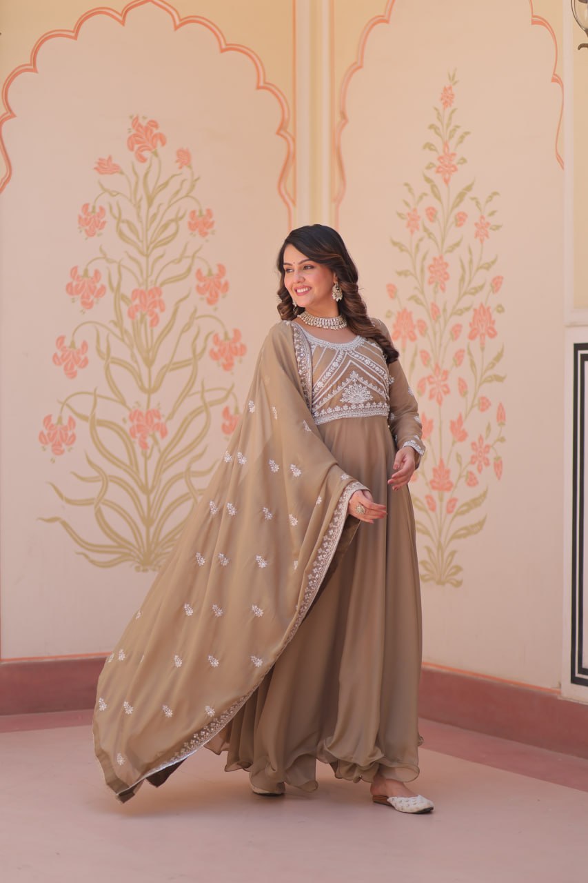 Beige Georgette Sequins Embroidered Gown ClothsVilla