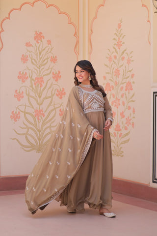Beige Georgette Sequins Embroidered Gown ClothsVilla
