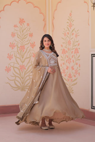 Beige Georgette Sequins Embroidered Gown ClothsVilla