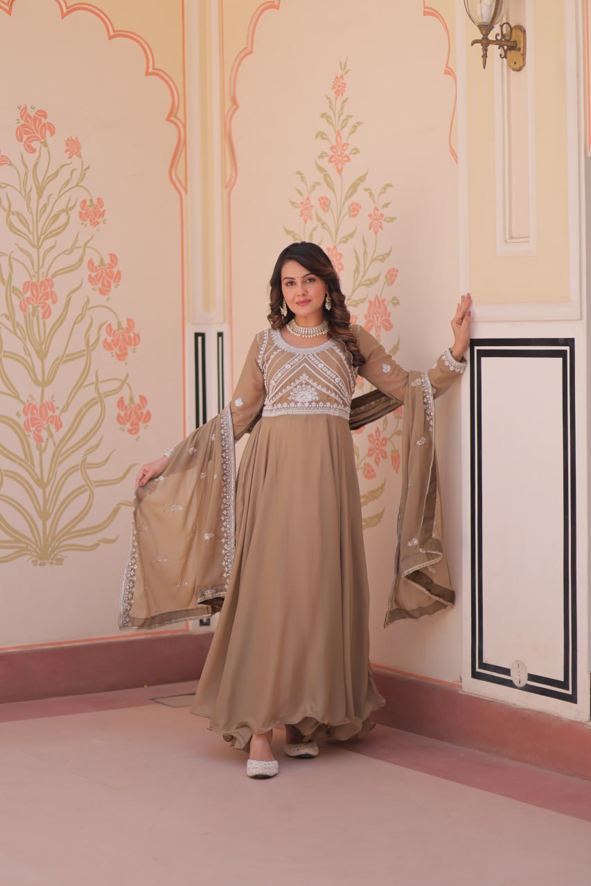 Beige Georgette Sequins Embroidered Gown ClothsVilla