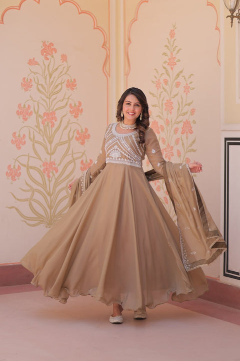 Beige Georgette Sequins Embroidered Gown ClothsVilla Main image
