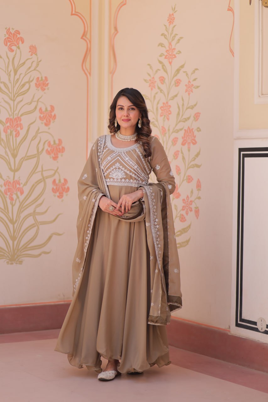 Beige Georgette Sequins Embroidered Gown ClothsVilla