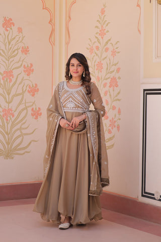 Beige Georgette Sequins Embroidered Gown ClothsVilla