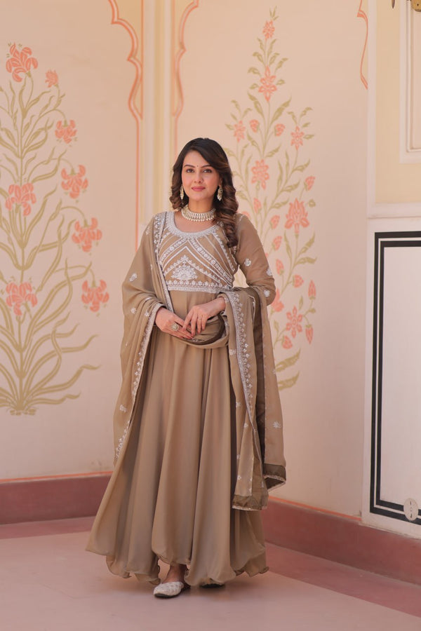 Beige Georgette Sequins Embroidered Gown ClothsVilla