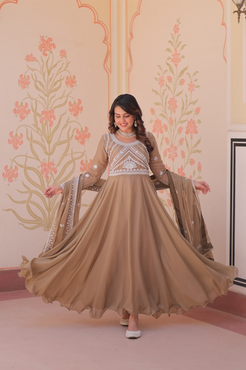 Beige Georgette Sequins Embroidered Gown ClothsVilla