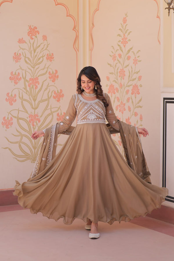 Beige Georgette Sequins Embroidered Gown ClothsVilla