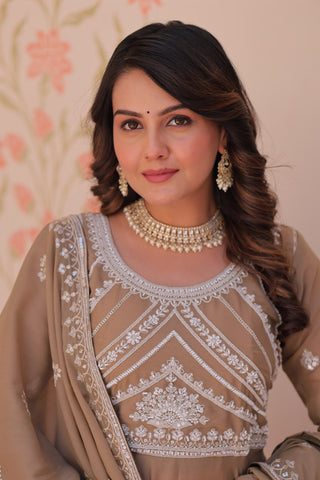 Beige Georgette Sequins Embroidered Gown ClothsVilla