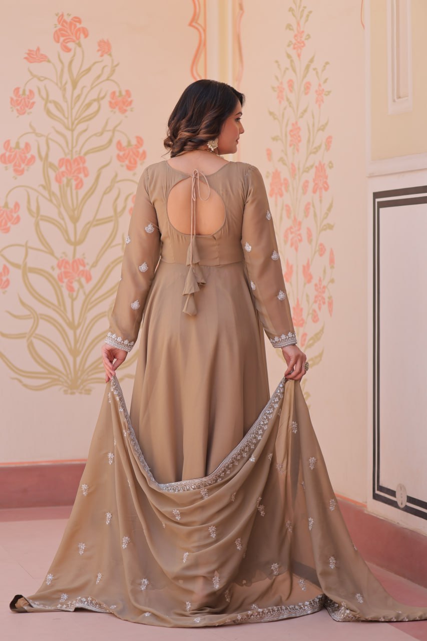 Beige Georgette Sequins Embroidered Gown ClothsVilla