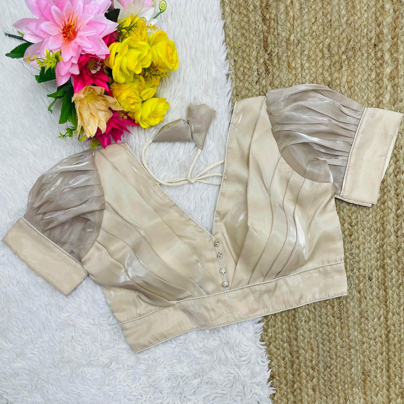Beige Glamorous Ruffled Metallic Jimmy Choo Blouse ClothsVilla