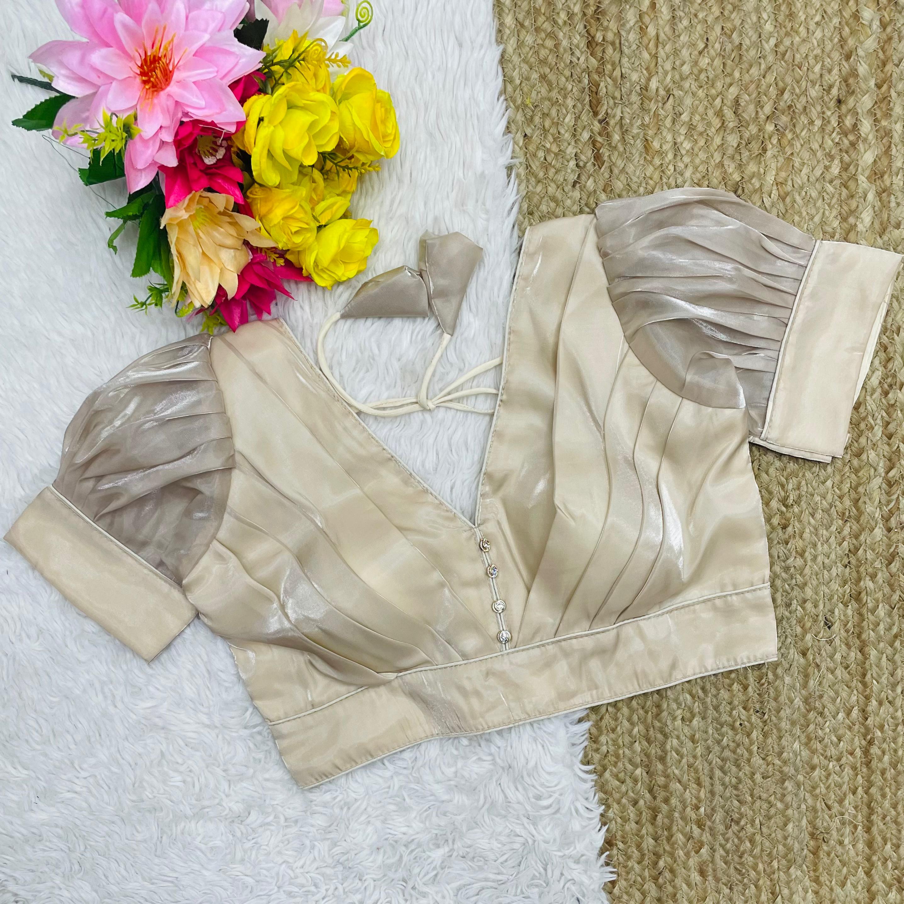 Beige Glamorous Ruffled Metallic Jimmy Choo Blouse ClothsVilla Main image