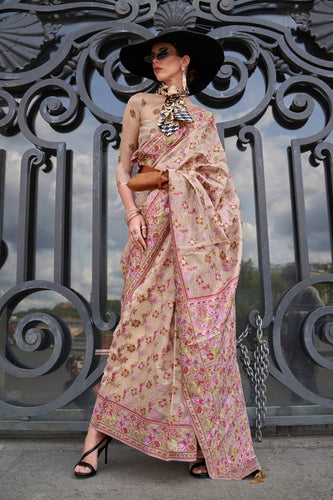 Beige Graceful Organza Silk Parsi Handloom Weaving Saree with Blouse Piece ClothsVilla