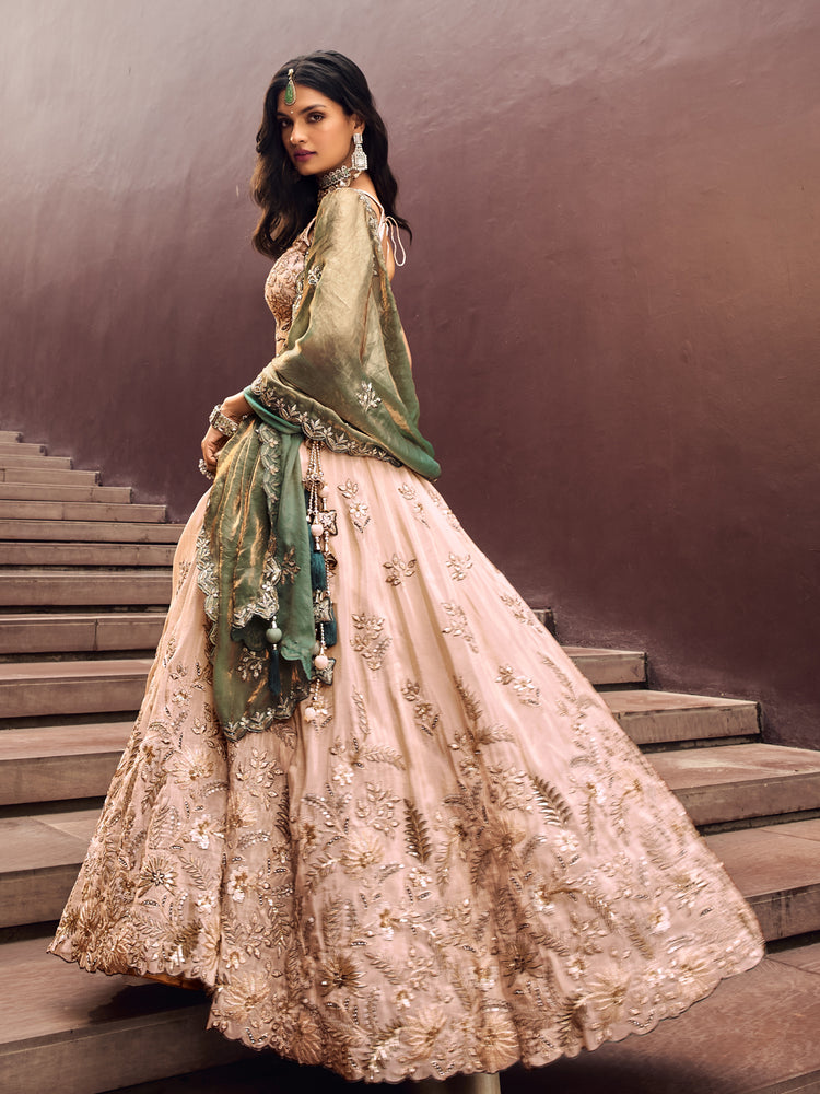Beige Green Viscos fabric Sequins work Semi-Stitched Lehenga choli & Dupatta ClothsVilla