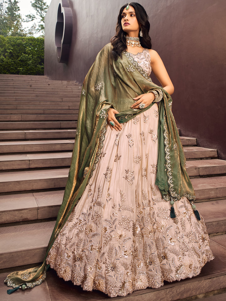 Beige Green Viscos fabric Sequins work Semi-Stitched Lehenga choli & Dupatta ClothsVilla