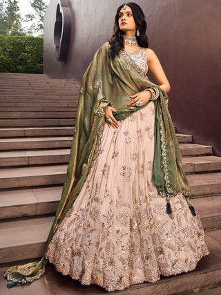 Beige Green Viscos fabric Sequins work Semi-Stitched Lehenga choli & Dupatta ClothsVilla