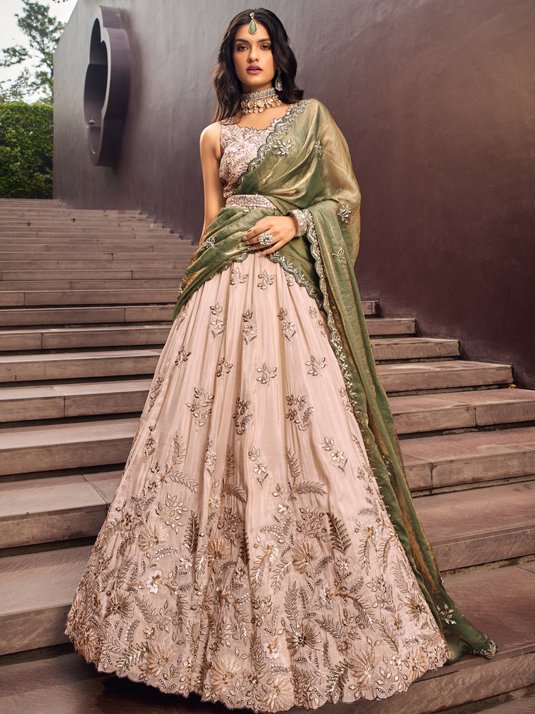 Beige Green Viscos fabric Sequins work Semi-Stitched Lehenga choli & Dupatta ClothsVilla