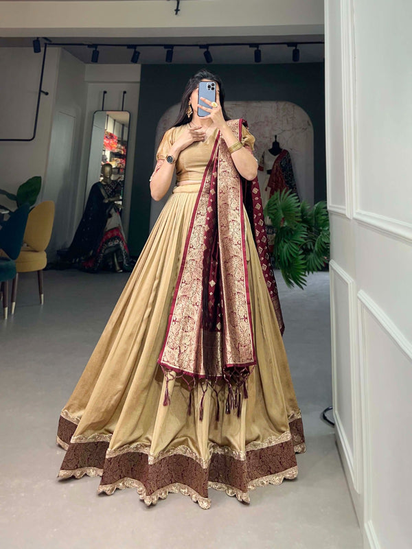 Vichitra Silk Beige Lehenga Choli Set with Jacquard Silk Dupatta ClothsVilla