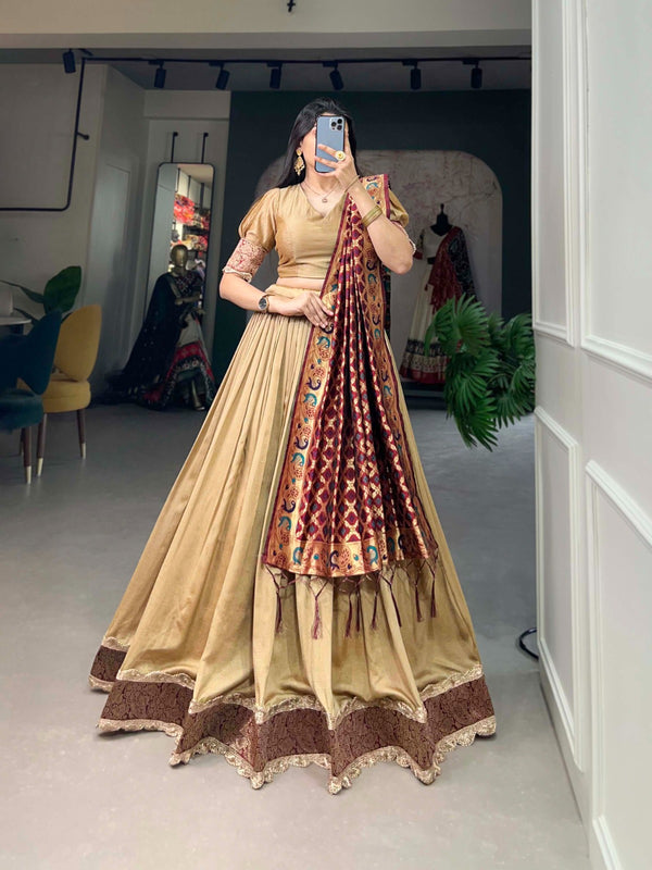Vichitra Silk Beige Lehenga Choli Set with Jacquard Silk Dupatta ClothsVilla