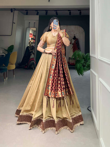 Vichitra Silk Beige Lehenga Choli Set with Jacquard Silk Dupatta ClothsVilla