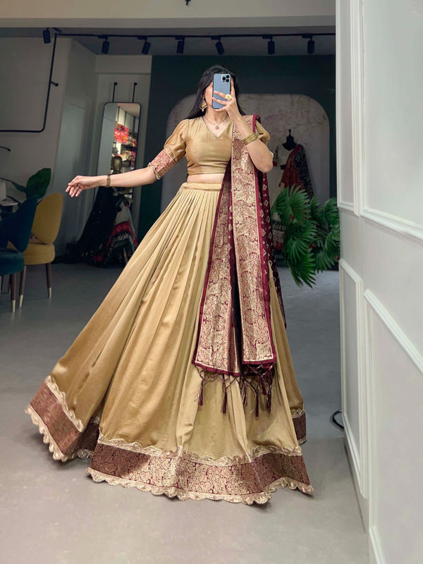 Vichitra Silk Beige Lehenga Choli Set with Jacquard Silk Dupatta ClothsVilla