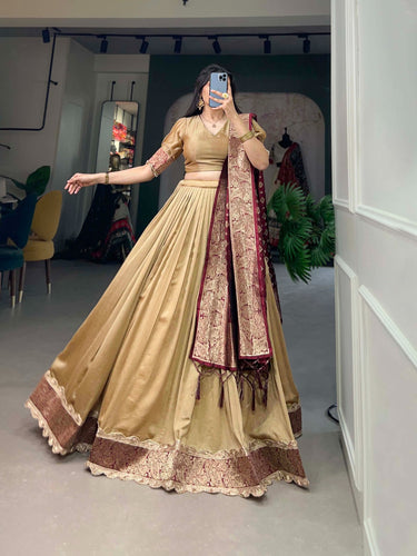 Vichitra Silk Beige Lehenga Choli Set with Jacquard Silk Dupatta ClothsVilla