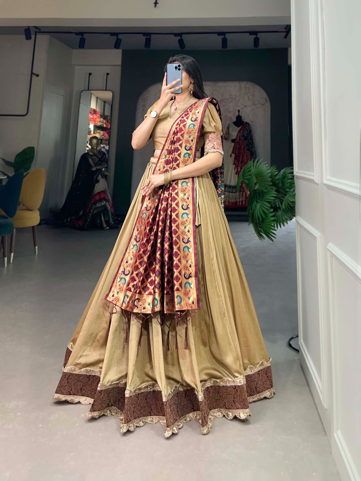 Vichitra Silk Beige Lehenga Choli Set with Jacquard Silk Dupatta ClothsVilla