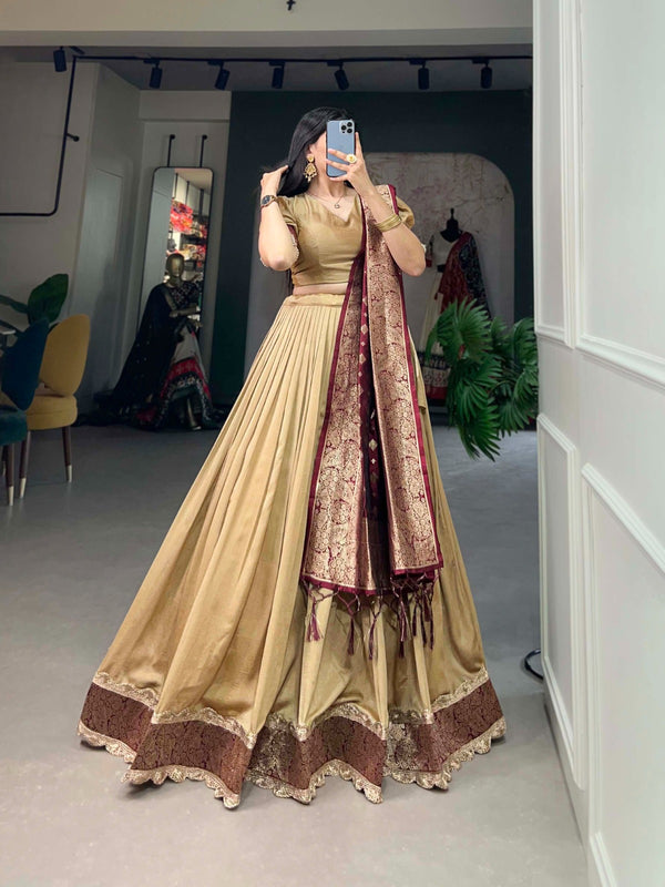 Vichitra Silk Beige Lehenga Choli Set with Jacquard Silk Dupatta ClothsVilla