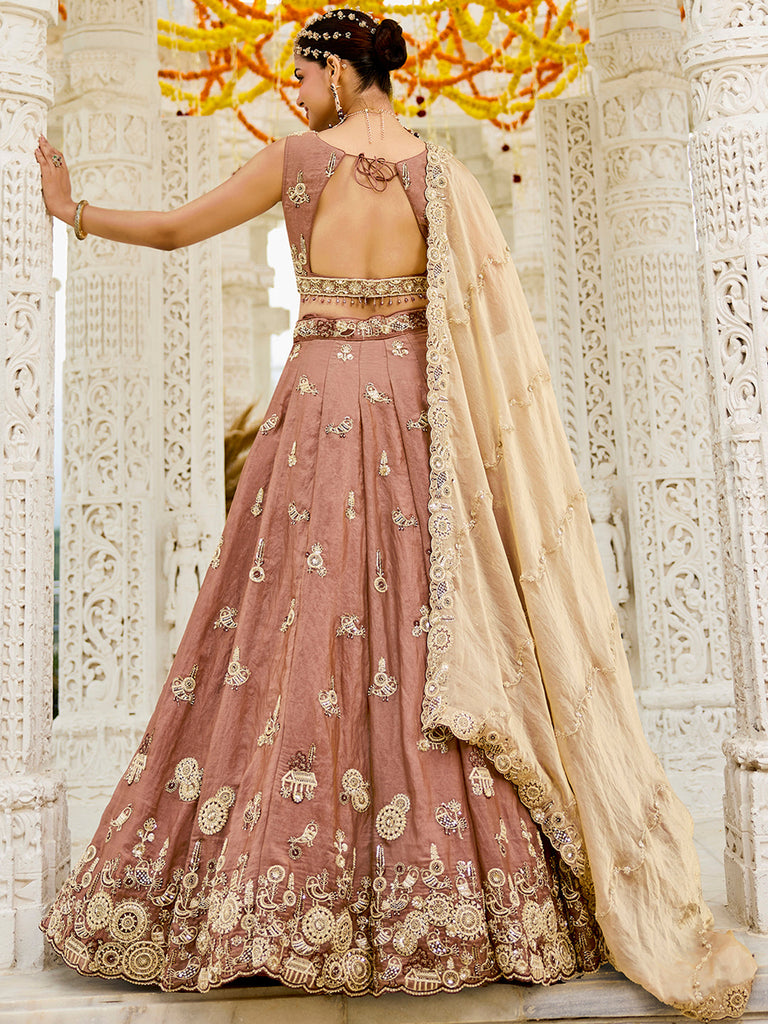 Beige Luxury Satin Silk Beads & Sequin Embroidery Work Lehenga Choli with Dupatta – 4.2 Meter Grand Flair, Fully Stitched ClothsVilla