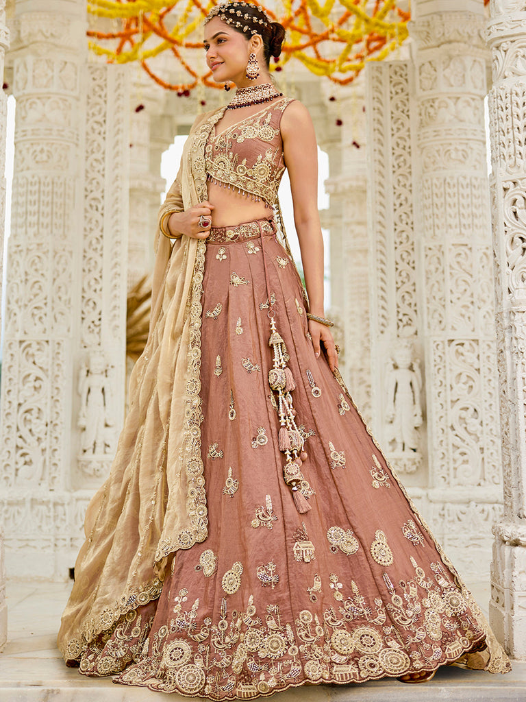 Beige Luxury Satin Silk Beads & Sequin Embroidery Work Lehenga Choli with Dupatta – 4.2 Meter Grand Flair, Fully Stitched ClothsVilla