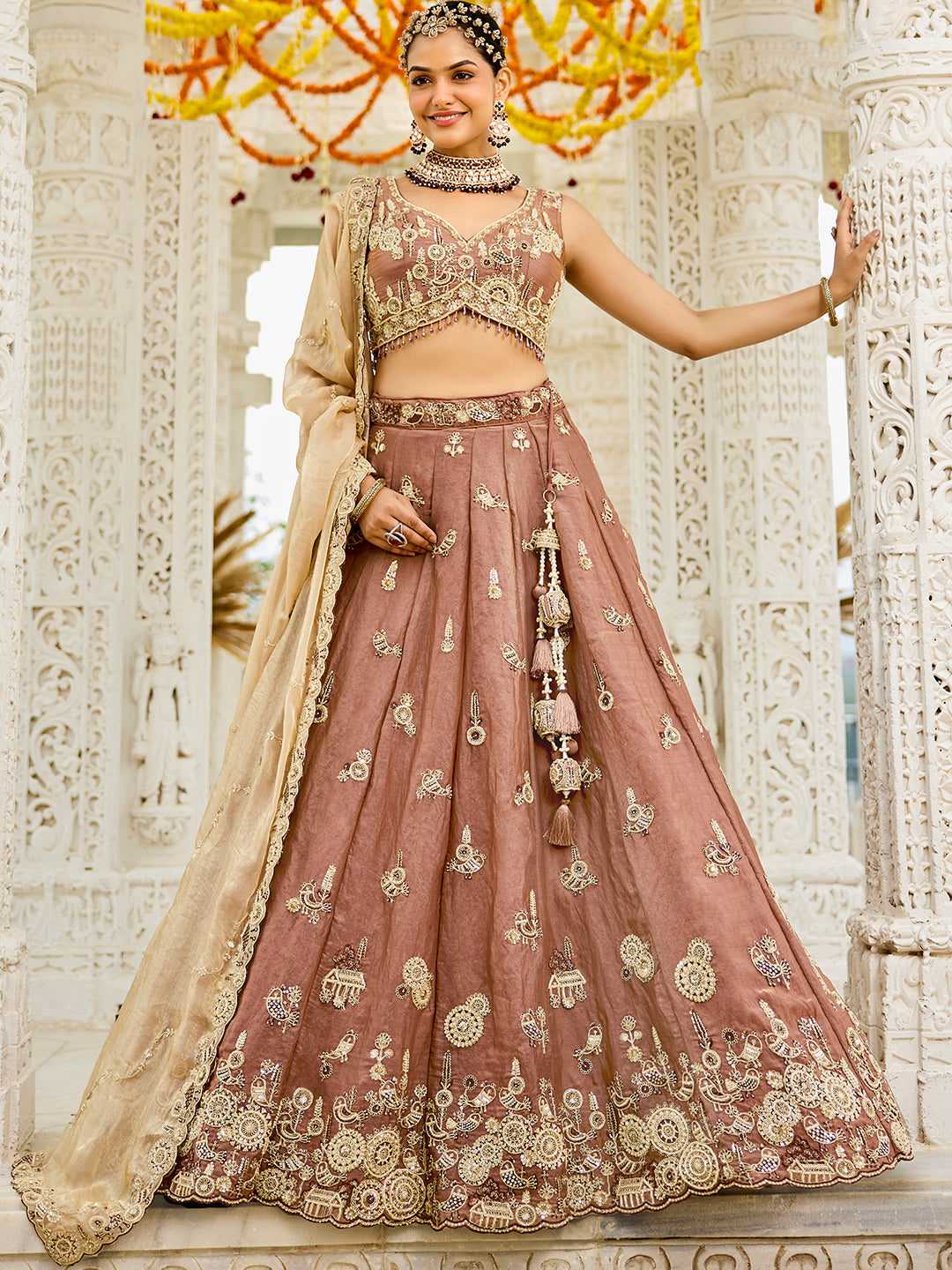 Beige Luxury Satin Silk Beads & Sequin Embroidery Work Lehenga Choli with Dupatta – 4.2 Meter Grand Flair, Fully Stitched ClothsVilla Main image