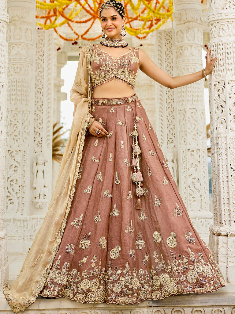 Beige Luxury Satin Silk Beads & Sequin Embroidery Work Lehenga Choli with Dupatta – 4.2 Meter Grand Flair, Fully Stitched ClothsVilla