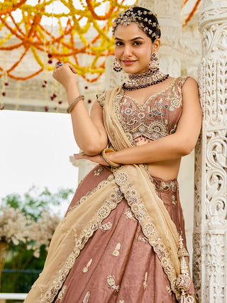 Beige Luxury Satin Silk Beads & Sequin Embroidery Work Lehenga Choli with Dupatta – 4.2 Meter Grand Flair, Fully Stitched ClothsVilla