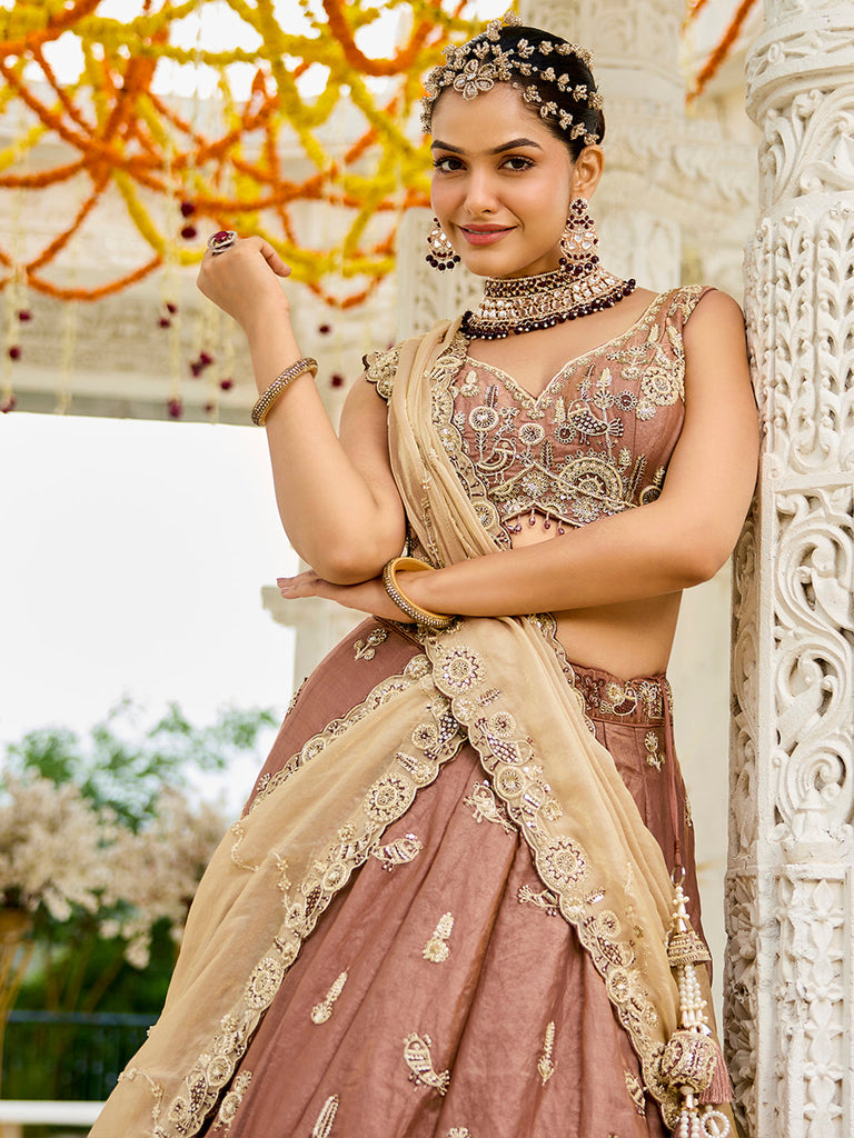 Beige Luxury Satin Silk Beads & Sequin Embroidery Work Lehenga Choli with Dupatta – 4.2 Meter Grand Flair, Fully Stitched ClothsVilla