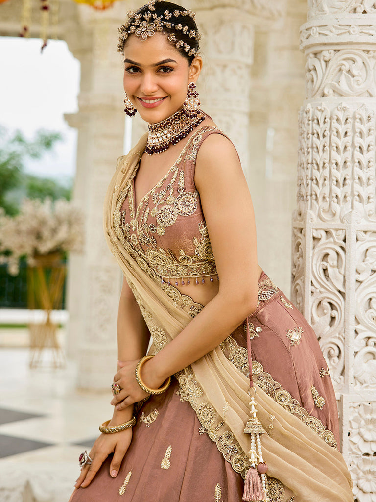 Beige Luxury Satin Silk Beads & Sequin Embroidery Work Lehenga Choli with Dupatta – 4.2 Meter Grand Flair, Fully Stitched ClothsVilla