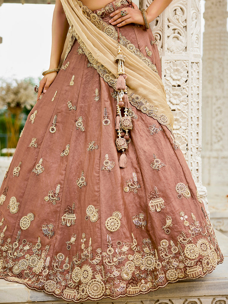 Beige Luxury Satin Silk Beads & Sequin Embroidery Work Lehenga Choli with Dupatta – 4.2 Meter Grand Flair, Fully Stitched ClothsVilla
