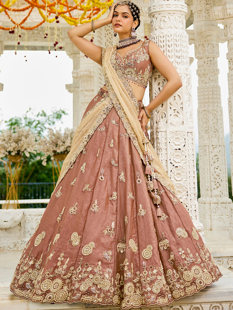 Beige Luxury Satin Silk Beads & Sequin Embroidery Work Lehenga Choli with Dupatta – 4.2 Meter Grand Flair, Fully Stitched ClothsVilla