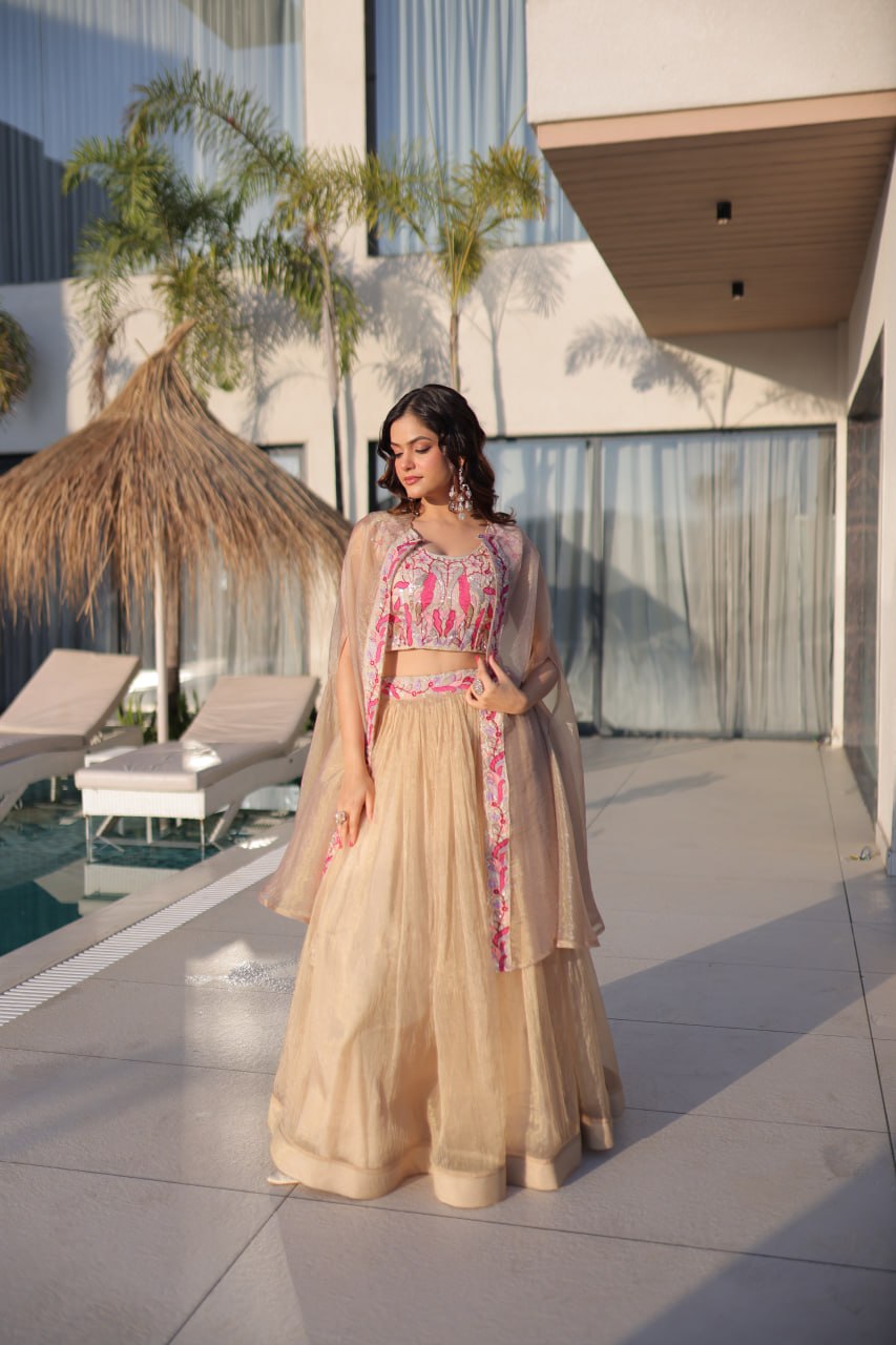 Beige Modern Ethnic Lehenga with Shrug ClothsVilla