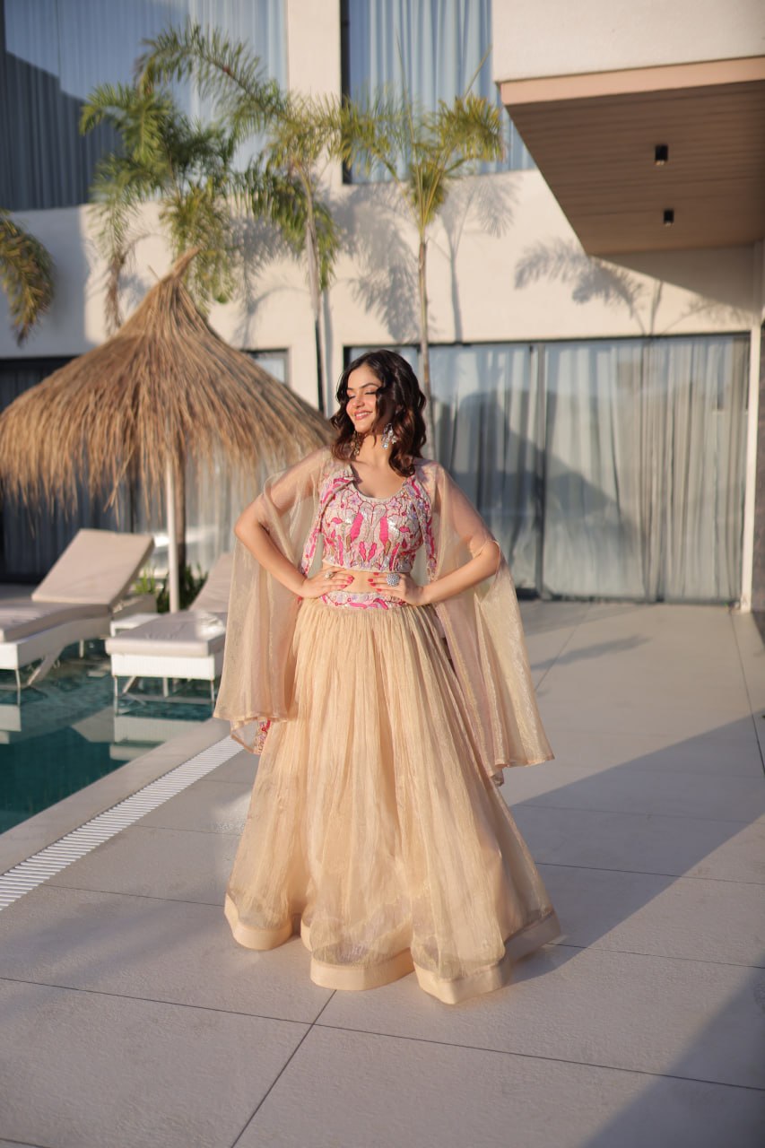 Beige Modern Ethnic Lehenga with Shrug ClothsVilla