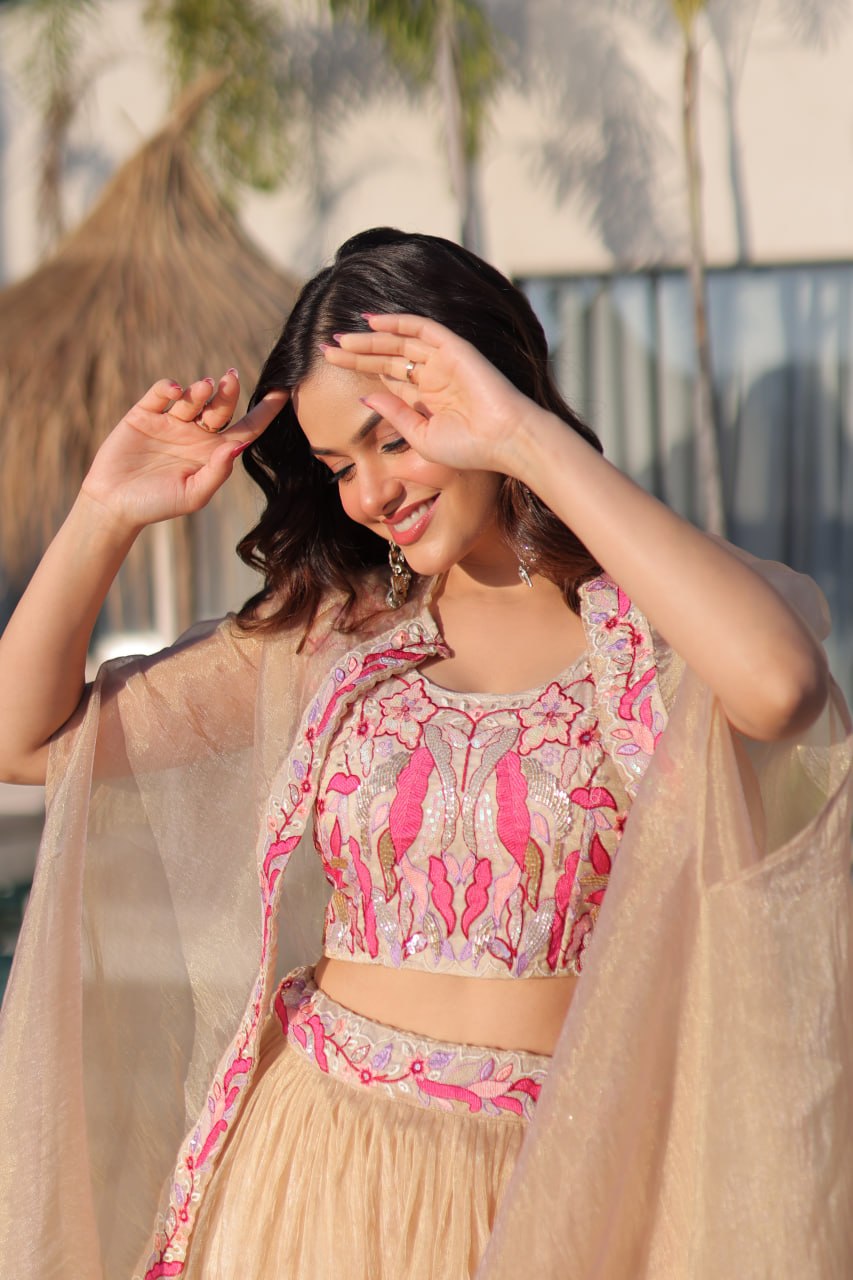 Beige Modern Ethnic Lehenga with Shrug ClothsVilla
