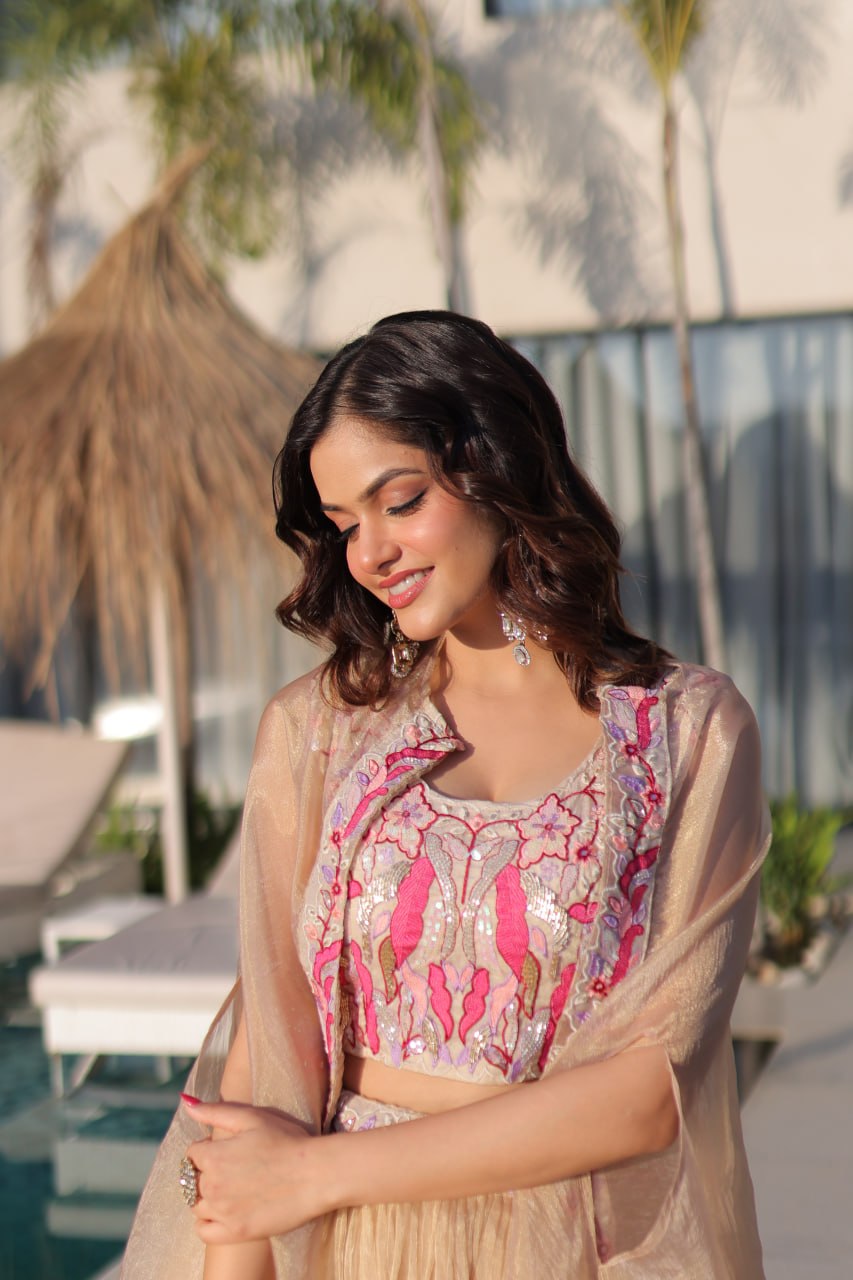 Beige Modern Ethnic Lehenga with Shrug ClothsVilla